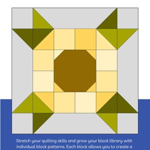 May include: A quilt block pattern titled "Sunflower" with a geometric design in shades of yellow, green, and brown. The pattern includes two finished block sizes: 12" x 12" and 6" x 6". The Sewing Loft logo is in the upper left corner.