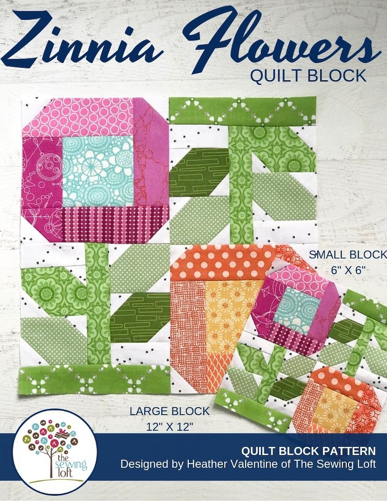 Zinna Flowers Quilt Block Pattern PDF Includes instructions for 6 inch and 12 inch Finished Blocks image 2