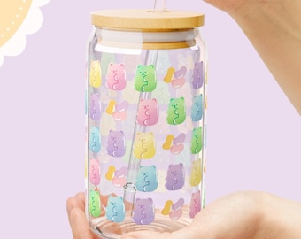 Gummy Bear Sipper Glass with Lid and Straw, 16oz Glass Tumbler, Reusable Cup, Cute Drinkware, Candy Art Glassware, Gift Ideas