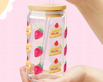 Strawberry Cake Sipper Glass, 16oz Glass Tumbler with Lid and Straw, Cute Reusable Cup, Clear Coffee Cup, Stylish Drinkware, Gift Ideas