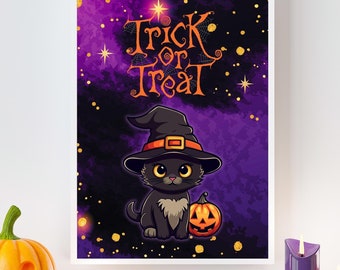Halloween Witch Cat Poster, 4 Size Options, Trick or Treat, Halloween Wall Art, Cat & Pumpkin Design, Fall Autumn Decor, High-Quality Print