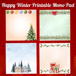 Bloc de notas imprimible Feliz invierno, 3 x 3 pulgadas, descarga digital, 4 diseños de temporada, bloc de notas imprimible, tarjetas de papelería, plantilla de notas adhesivas