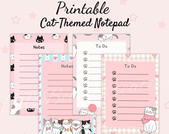 Utskrivbart anteckningsblock med katttema A6, digitalt brevpapper, 4 kawaii-designer, sött linjerat anteckningsblock, att-göra-lista, anteckningsmall, direktnedladdning