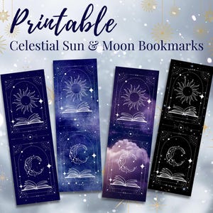 Celestial Sun & Moon Printable Bookmark Set, Digital Download, 8 unikalnych zakładek, Starry Night Sky Art, urocze akcesoria do czytania