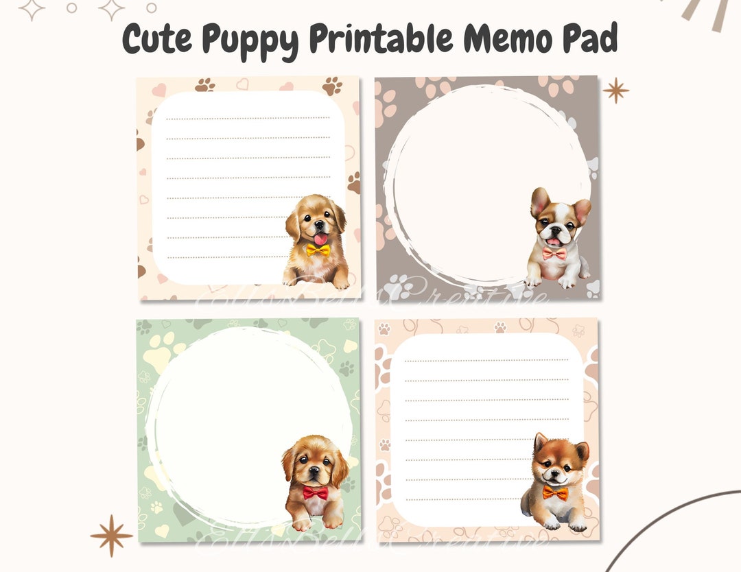 Fun Animal Note Pad Cute Puppy Printable Memo Pad, 3x3 Inches, Digital Download, 4 Kawaii ...