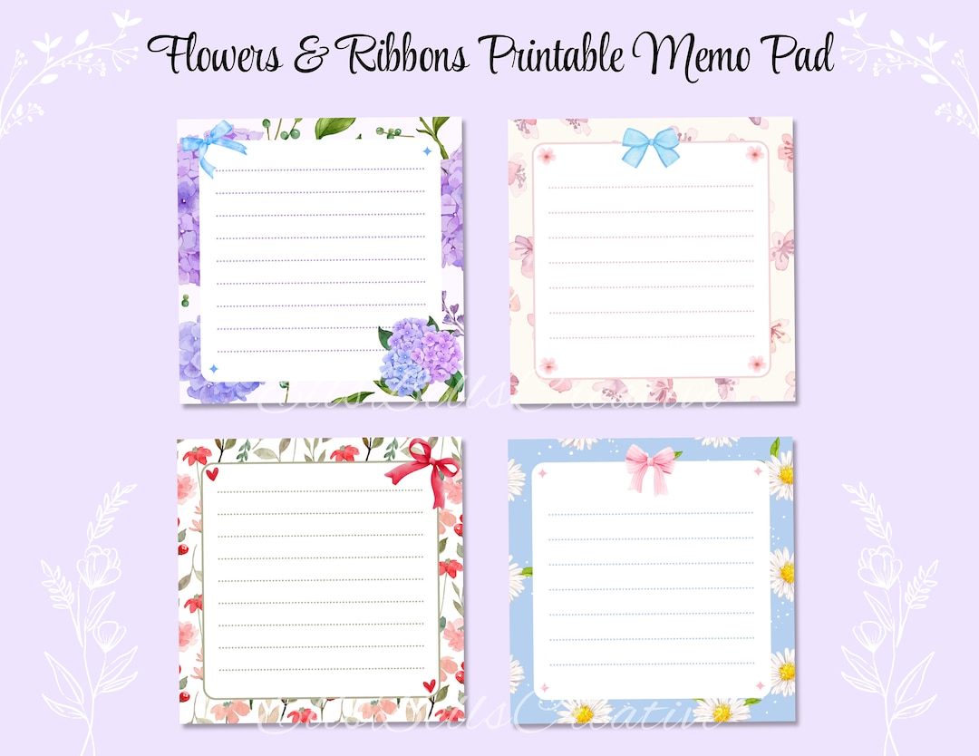 Flowers & Ribbons Printable Memo Pad, 3x3 Inches, Digital Download, 4 ...