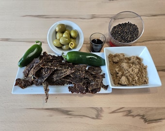 Olive-Peño Beef Jerky | Unique Green Olive Flavor with Jalapenos & Garlic | 100% All-Natural, Homemade, Thin-Cut, Medium Spicy
