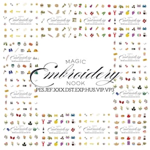 Puede incluir: Una colección de diseños de bordado con varios iconos como comida, flores y equipo de camping. El texto "MAGIC Embroidery NOOK" se muestra en una fuente decorativa, junto con información del tipo de archivo.