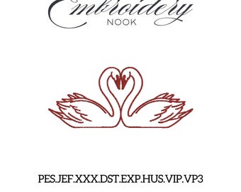 Swan Couple Heart Embroidery Design. Romantic Love Birds Outline Stitch for Wedding, Valentine’s Day & Anniversary Machine Embroidery File.