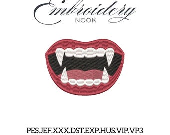 Gothic Vampire Mouth Embroidery Pattern with Bloody Fang for Machine Stitch Design. Halloween Season Digital File For Clothing Accessories.