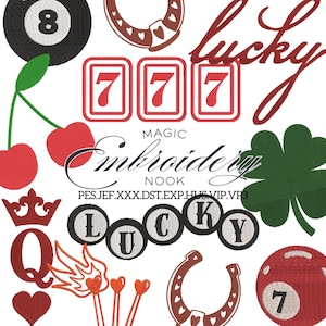 Può includere: Una collezione di ricami con simboli fortunati. Include una palla nera numero 8, ciliegie, un quadrifoglio, un ferro di cavallo e la parola "lucky" in corsivo rosso. Include anche il testo "Magic Embroidery Nook".