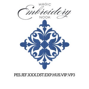 Puede incluir: Diseño de bordado floral azul simétrico sobre fondo blanco. El texto "MAGIC Embroidery NOOK" está encima del diseño en escritura negra. Debajo del diseño hay abreviaturas de tipo de archivo. Ideal para bordar.