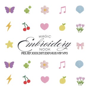Puede incluir: Parches bordados con diversos diseños: mariposa, trébol, flor, nota musical, concha, rayo, cerezas, corazón, manzana, estrella, lazo y tulipanes. El texto "MAGIC Embroidery NOOK" también está presente.