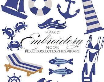 Sailing the Mediterranean Sea Embroidery Bundle. Nautical Theme bundle. Blue Ocean Summer Digital Embroidery Bundle. Coastal Summer surfing.