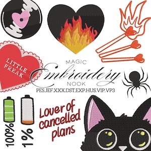 Cool People Essential Embroidery Design. Flaming Hearts Embroidery. Spicy Vibes Cat Lover Embroidery Pattern. Retro Cool chic Digital files.