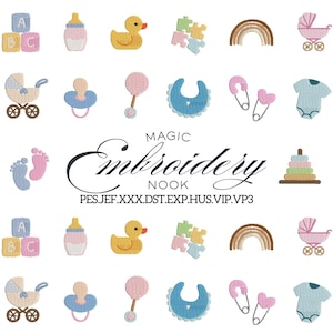 May include: A collection of embroidered baby-themed designs, including a baby bottle, rubber duck, puzzle pieces, rainbow, baby carriage, pacifier, rattle, bib, safety pins, baby footprint, and a onesie. The text "MAGIC Embroidery NOOK" is also present.