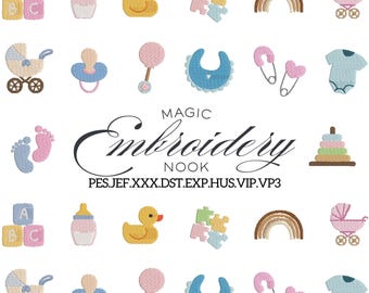 Baby Essentials Mini Embroidery Bundle with Soft Pastel Style for Nursery Projects. Adorable Mom and Nursery theme Digital Stich files.