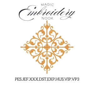 Peut inclure: Motif brodé doré avec des motifs floraux ornés, centré sur un fond blanc. Le texte "MAGIC Embroidery NOOK" est au-dessus du motif en écriture cursive. En dessous, des extensions de type de fichier.