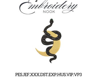 Gothic Serpent Moon Machine Embroidery Pattern With Black Snake Wrapped Around Golden Crescent. Witchcraft Stitch File For Halloween Season.