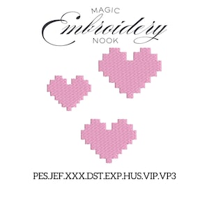 Pixel Hearts Embroidery Design. 3 Cute 8-Bit Hearts Digital File. Retro Pixel Art Stitch for Valentine. Kawaii Gamer girl Pixelated Hearts.