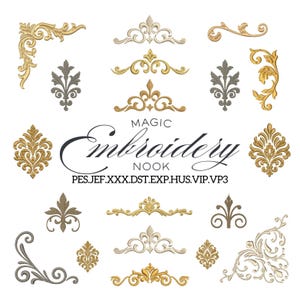 Peut inclure: Une collection de motifs de broderie ornés en or, argent et gris. Les motifs comprennent des coins, des volutes et des motifs floraux. Le texte "MAGIC Embroidery NOOK" est affiché dans une écriture élégante. Les formats de fichiers sont listés en dessous.