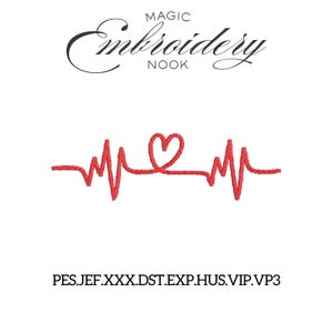 May include: A red heart-shaped EKG line design. The image includes the text "MAGIC Embroidery NOOK" in black script above the design. Below the design are file type extensions.
