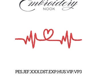 Heartbeat Heart Digital Embroidery Design. Love Pulse Line Embroidery Valentine Stitch. Heart motif romantic stitching Ideal for Valentines.