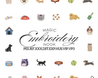 Cute Mini pet embroidery bundle featuring playful pets, food, toys and cozy accessories for animal lover stitching or Fur baby presents.