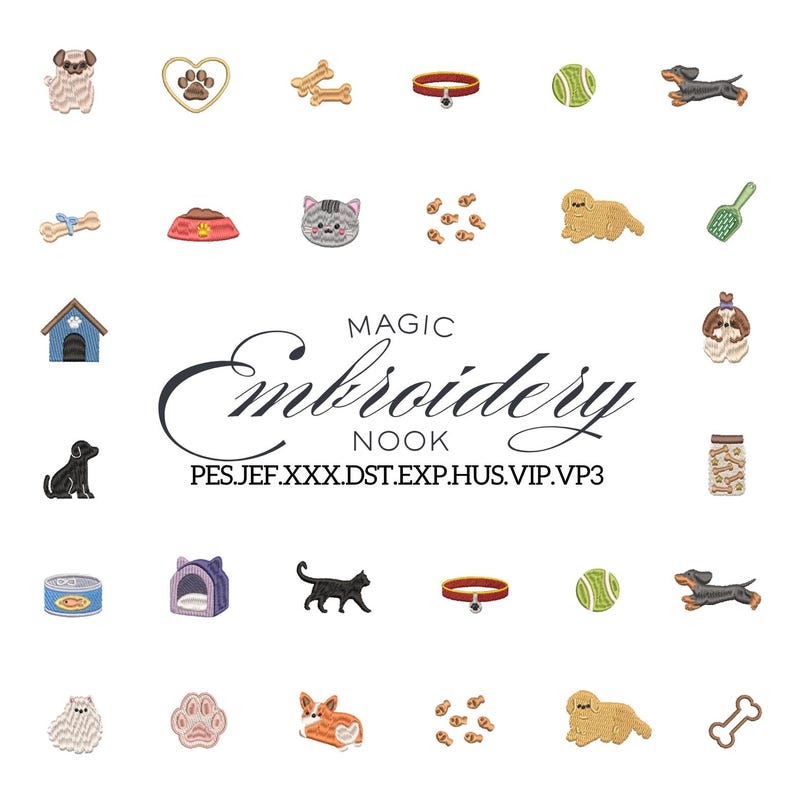 Cute Mini Pet Embroidery Bundle Featuring Playful Pets, Food, Toys and ...