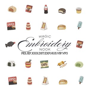 Puede incluir: Una colección de bordados de alimentos, incluyendo ramen, sushi, sándwiches y helados. Las palabras "MAGIC Embroidery NOOK" se muestran en una fuente decorativa. La imagen presenta una variedad de ilustraciones de alimentos coloridas y detalladas.