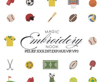 Sports Embroidery Design Bundle Featuring Athletic Equipment And Game Day Icons.  Athletic Embroidery Patterns Inspired By Popular Sports.