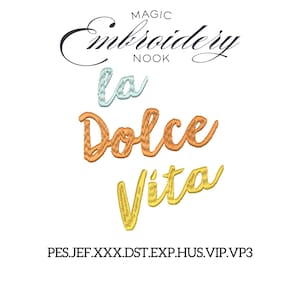 Diseño de bordado "La Dolce Vita". Puntada con estética veraniega italiana. Patrón con aires de jardín. Bordado veraniego de inspiración vintage. Dicho italiano.