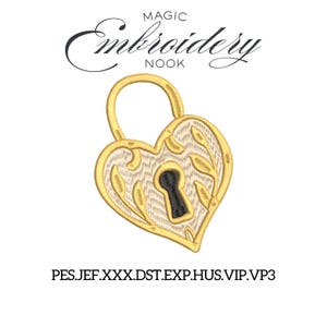 May include: A heart-shaped gold-colored lock with a keyhole, detailed with leaf patterns and a black keyhole. The text "MAGIC Embroidery NOOK" is above the lock, and file types are listed below.