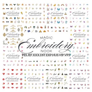 May include: A selection of embroidery patterns with diverse motifs such as sunglasses, baby-related items, floral designs, and festive graphics. The text "MAGIC Embroidery NOOK" is presented in an elegant script.