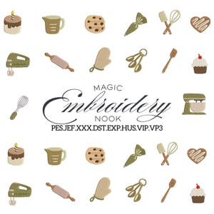 Könnte beinhalten: Ein Stickdesign mit Backmotiven. Enthält einen Kuchen, einen Messbecher, einen Keks, einen Spritzbeutel, einen Schneebesen, einen herzförmigen Keks, einen Mixer, eine Teigrolle, einen Ofenhandschuh, Messlöffel, einen Spatel und einen Cupcake. Der Text "MAGIC Embroidery NOOK" ist ebenfalls vorhanden.