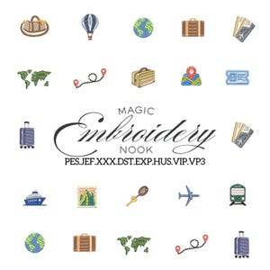 Può includere: Una collezione di icone ricamate a tema viaggio, tra cui una valigia, un mappamondo, un aereo, un treno e un passaporto. Il testo "MAGIC Embroidery Nook" è visualizzato in una scrittura elegante.
