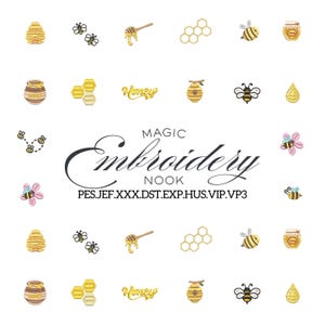 Könnte beinhalten: Eine Sammlung von Stickmotiven zum Thema Bienen, darunter Bienen, Waben, Honigtöpfe und das Wort "Honey". Der Text "MAGIC Embroidery Nook" ist ebenfalls vorhanden. Diese Designs sind für Stickprojekte.
