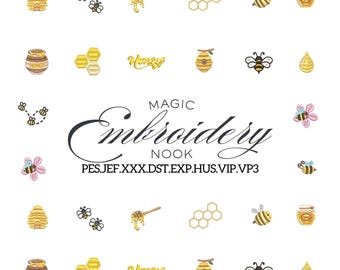 Mini Honey Bee Embroidery Bundle. Digital Machine Stitch Files Featuring Spring time for Bee lover Icons for Apparel Sewing projects.