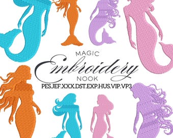 Mermaid Silhouette Bundle Digital Embroidery design. Silhouette Embroidery Design. . Lilac Mermaid Silhouette embroidery. mermaid design.