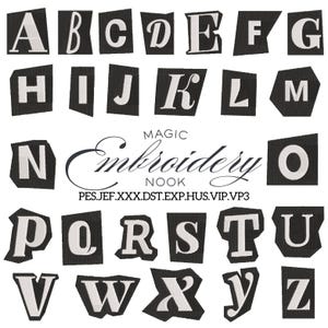 May include: A collection of embroidered letters in a ransom note style, each on a black background. The letters are white and vary in font. The image also includes the words "MAGIC Embroidery NOOK" in cursive font, and file type codes.