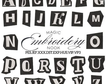 Magazine Cutout Alphabet Embroidery Bundle. Retro Letter Embroidery Font. Edgy Newspaper Style Alphabet Bundle for Jackets & Bold Monograms.