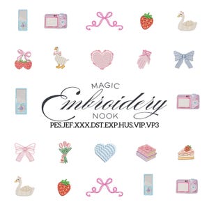 Könnte beinhalten: Gestickte Designs mit einem rosa Herz, einer Erdbeere, einer Kamera, einer Schleife, einem Schwan und Blumen. Der Text "MAGIC Embroidery NOOK" ist ebenfalls vorhanden.