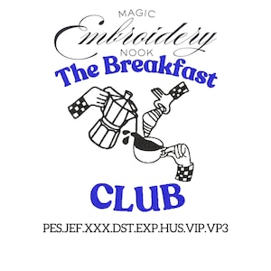 Puede incluir: Ilustración en blanco y negro con el texto "MAGIC Embroidery NOOK The Breakfast CLUB". La imagen representa una cafetera vertiendo café en una taza, con manos sosteniendo la cafetera y la taza. La imagen está sobre un fondo blanco.