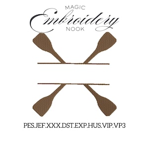 Peut inclure: Un motif brodé marron représentant des rames croisées, avec le texte "MAGIC Embroidery NOOK" au-dessus. En dessous des rames, l'image comprend le texte "PES.JEF.XXX.DST.EXP.HUS.VIP.VP3". Le motif est sur fond blanc.