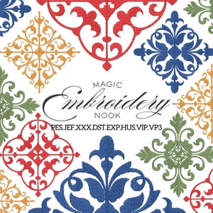 May include: A white background features colorful, ornate embroidery designs in red, blue, green, and gold. The text "MAGIC Embroidery Nook" is displayed in elegant script, with file type extensions below.