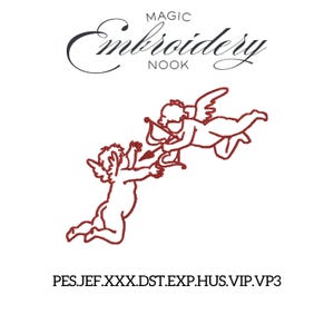 May include: Red embroidery design featuring two cherubs, one aiming a bow and arrow. The text "MAGIC Embroidery NOOK" is above the cherubs. Below the cherubs are the file extensions: PES.JEF.XXX.DST.EXP.HUS.VIP.VP3. The design is on a white background.