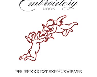Diseño de bordado de Cupido. Patrón romántico de puntada de querubín con arco y flecha para proyectos de bordado a máquina de amor y San Valentín.