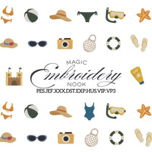 Puede incluir: Un diseño de bordado con iconos de verano, incluyendo una pelota de playa, gafas de sol, una cámara, un sombrero de playa, un traje de baño, un esnórquel, una estrella de mar y un castillo de arena. El texto "MAGIC Embroidery NOOK" también está presente.