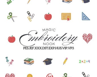 Mini Teacher embroidery bundle with school supplies. School themed embroidery featuring teacher essential icons for back to school stitching