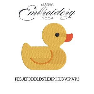 May include: A yellow rubber duck embroidery design with an orange beak and black eye. The design includes the text "MAGIC Embroidery NOOK" in a script font. Below the duck are file type abbreviations.